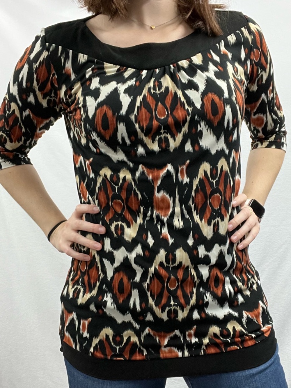 Black Ikat-Print Scoop Neck Tunic with Rust Accents